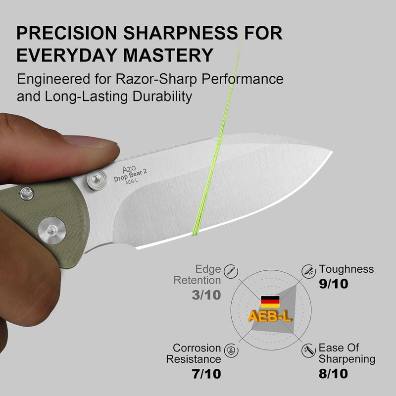 KIZER Drop Bear 2 Pocket Knife, 2.92" AEB-L Drop Point Blade Folding Knife with Olive Green G10 Handle, Button Liner Lock EDC Knives with Jimping on Spine for Men Women V3619.2CD2 - Image 2